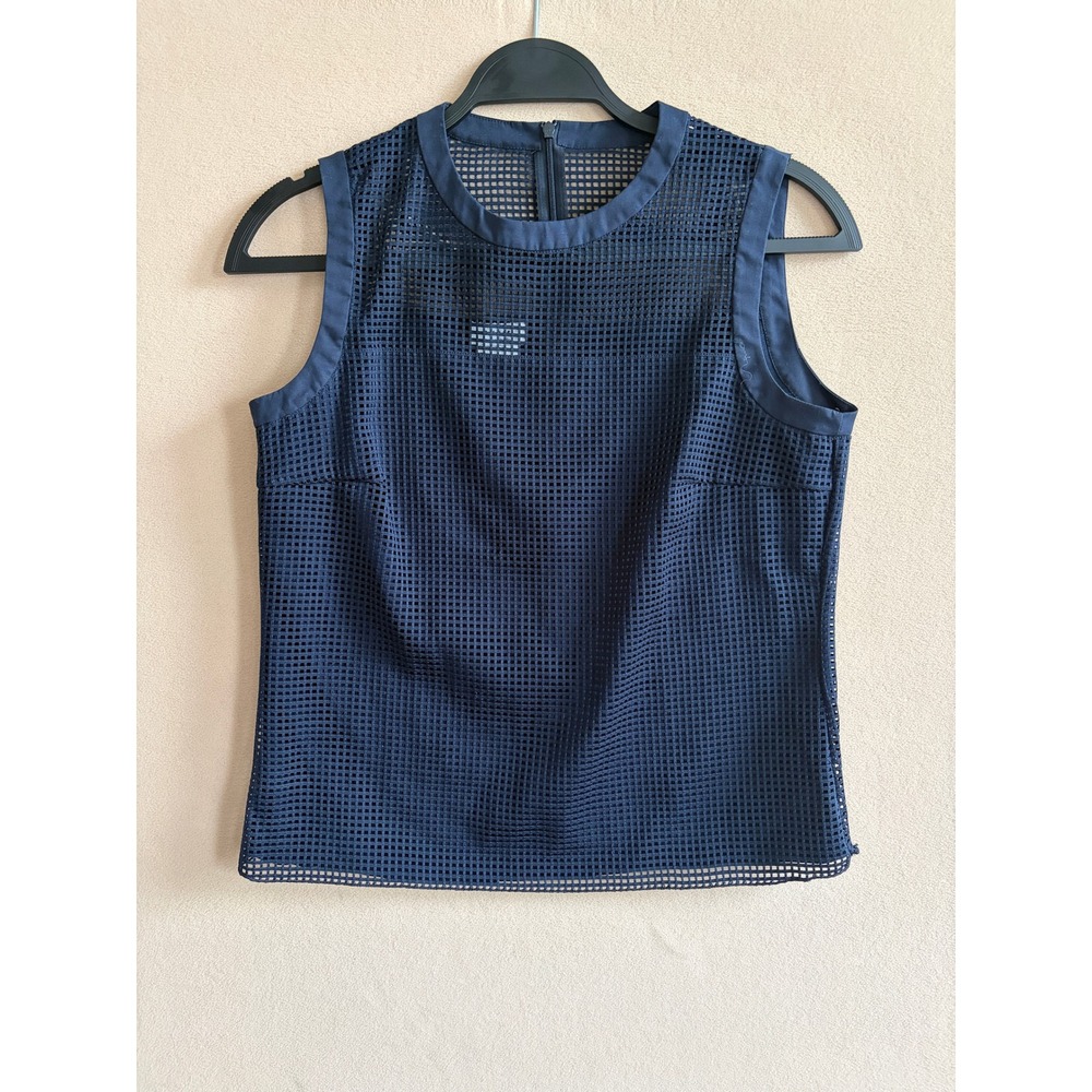 Akris Punto Navy Blue Grid Mesh Sleeveless Top Back Zip Shell Sz 6